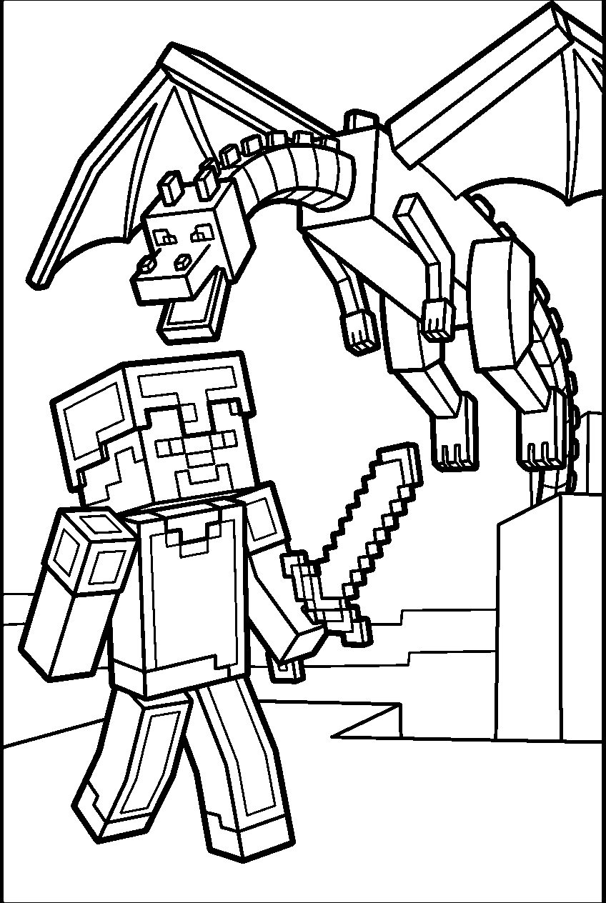 steve in diamond armor fighting minecraft ender dragon line art