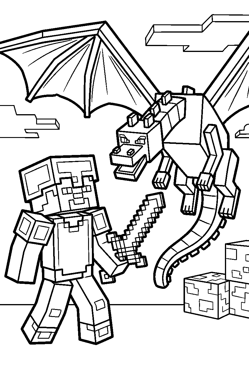 steve vs minecraft ender dragon line art