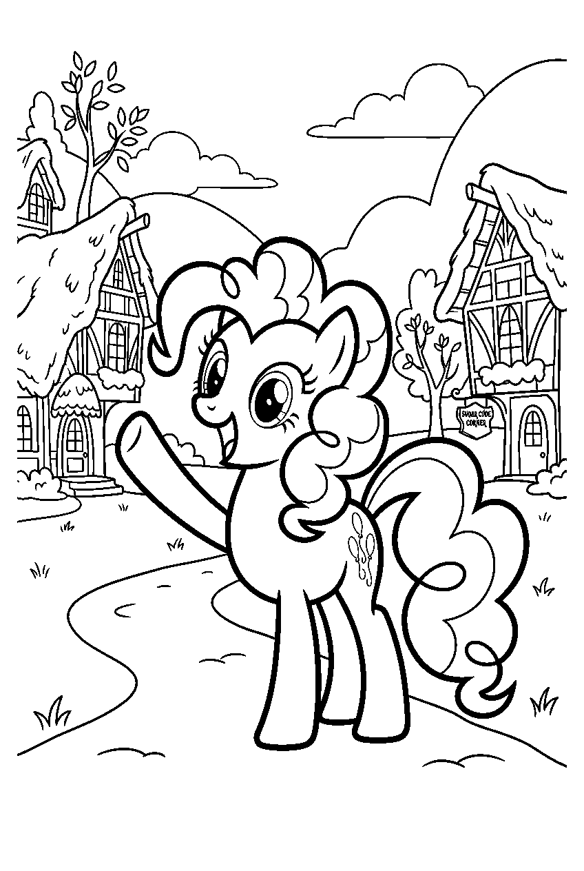 pinkie pie waving in ponyville village line art