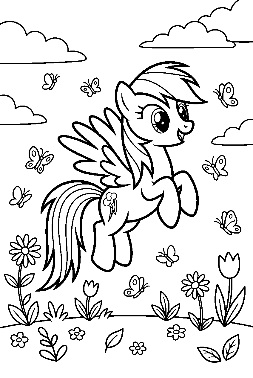 rainbow dash jumping in butterfly garden line art