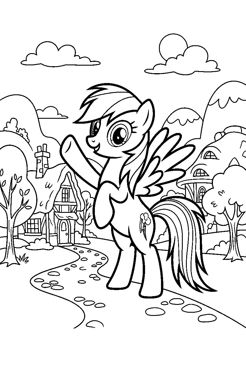 rainbow dash posing in ponyville village line art