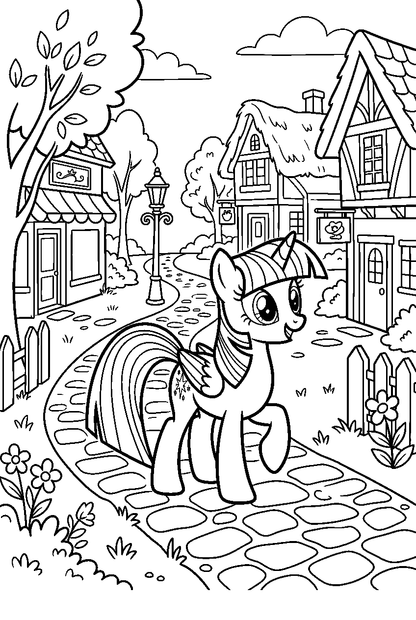 twilight sparkle exploring in village street line art