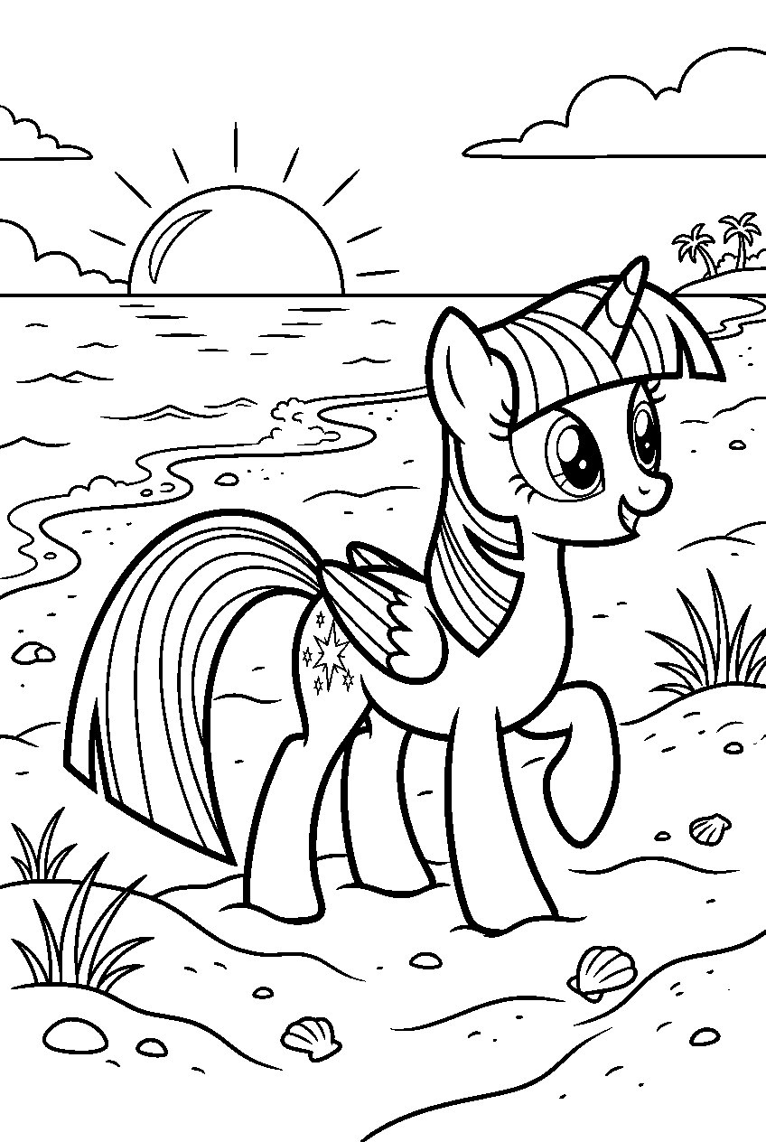 twilight sparkle exploring on sandy beach line art