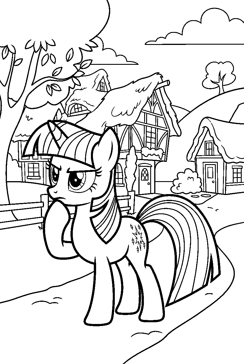 twilight sparkle thinking in ponyville village line art