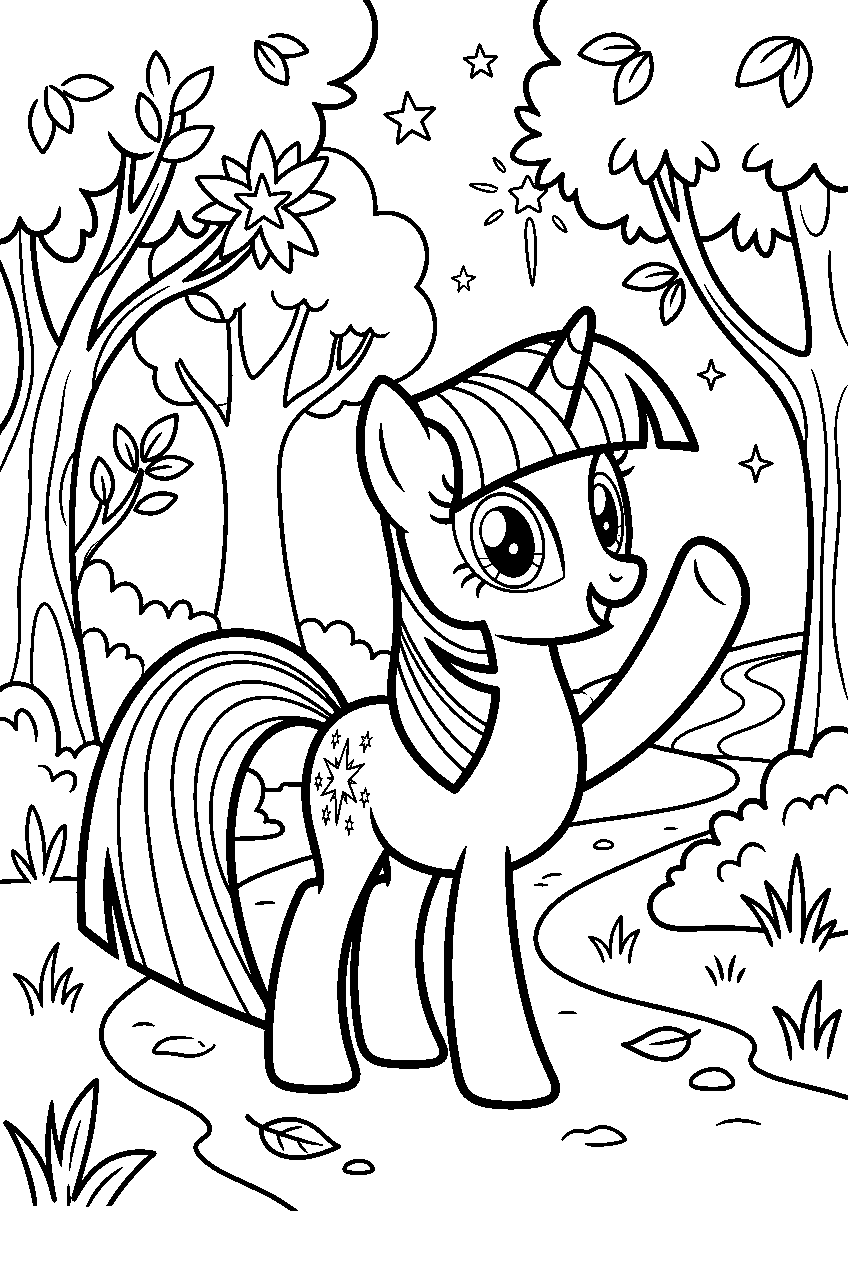 twilight sparkle waving in enchanted forest line art