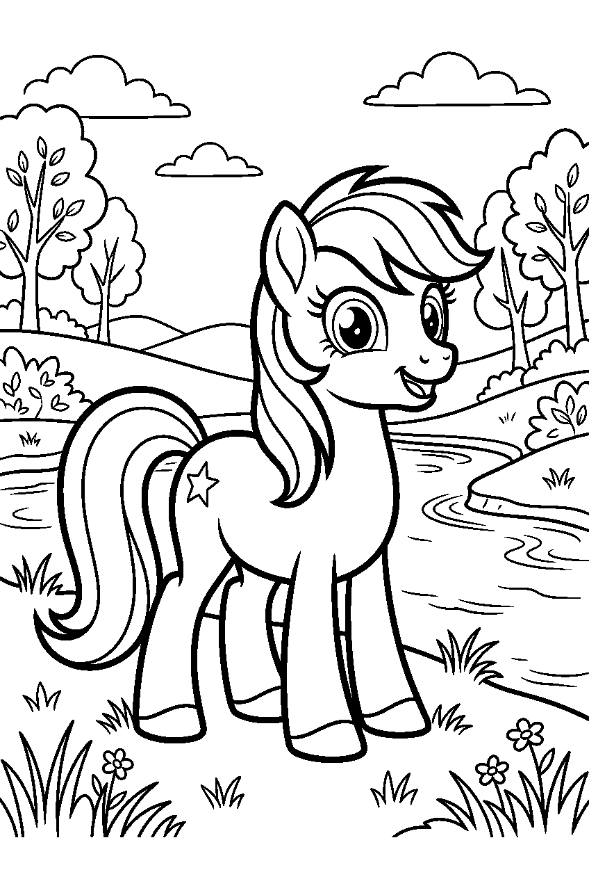 my little pony standing confidently near peaceful river line art