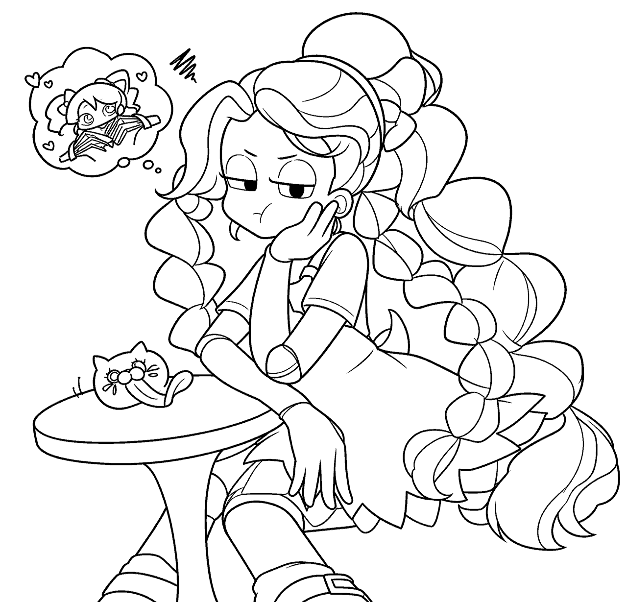 bored pouting expression cafe table lily lovebraids poppy playtime line art