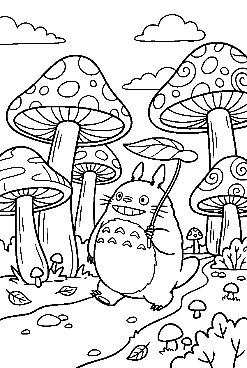 totoro exploring among giant mushrooms line art