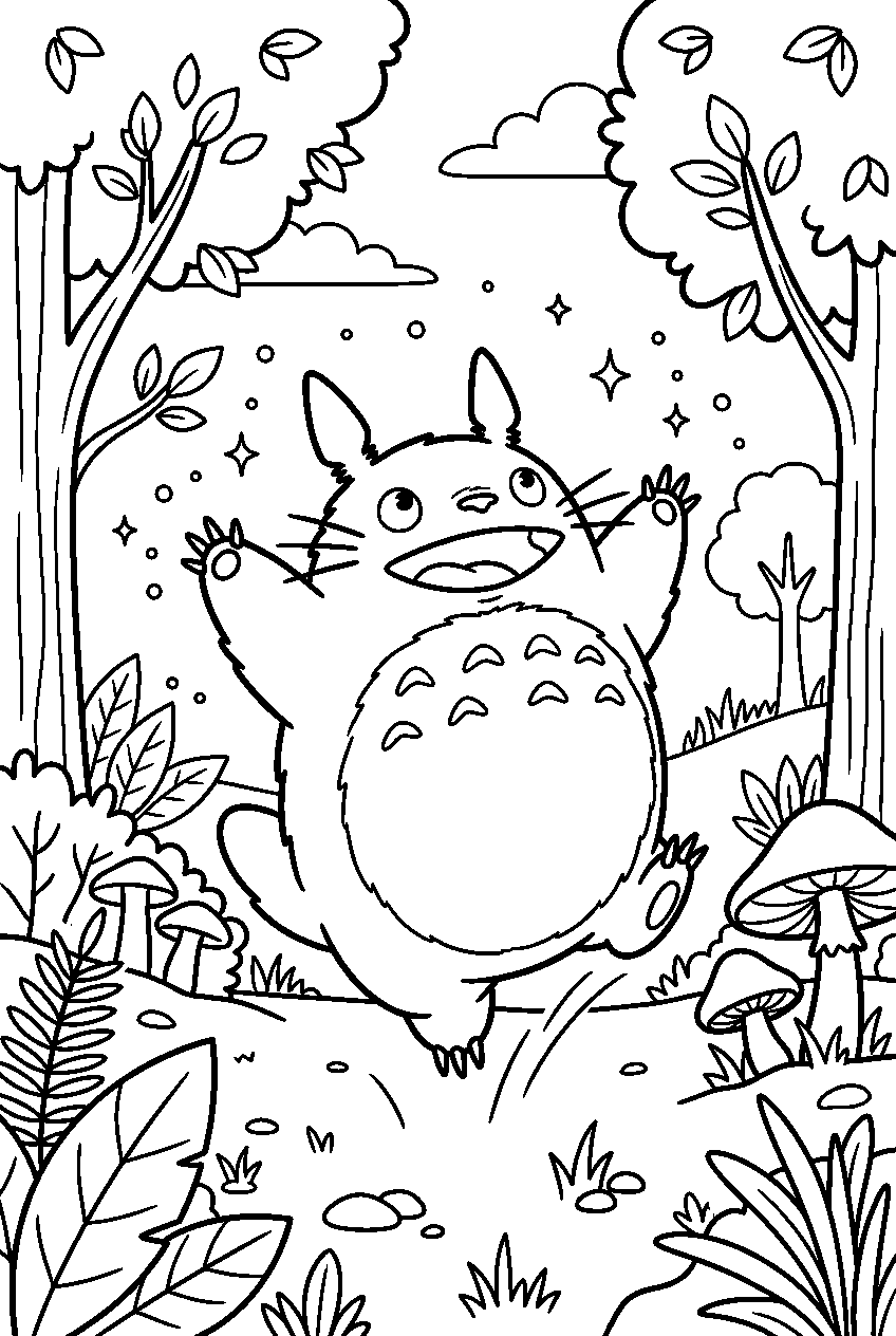 totoro jumping in magical forest line art
