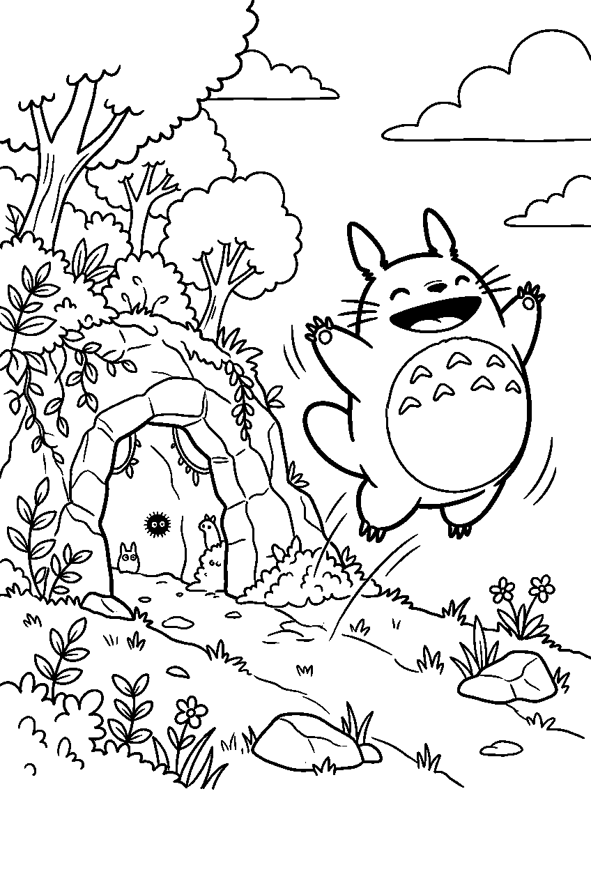totoro jumping near hidden cave line art