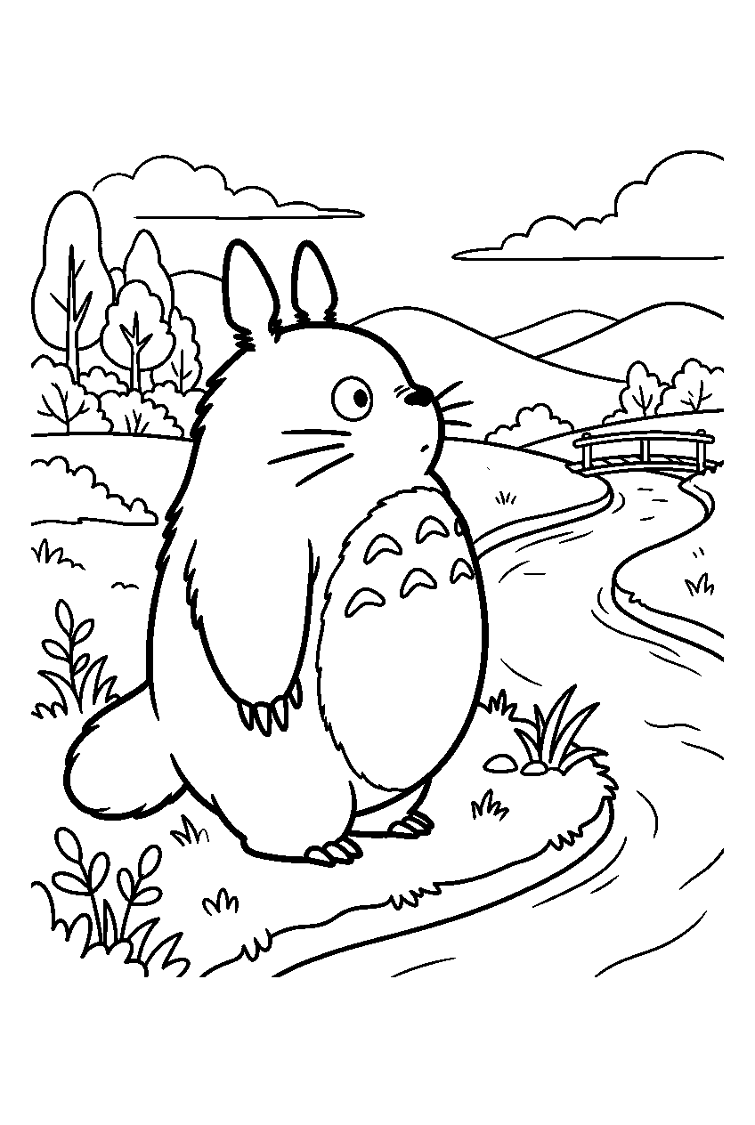 totoro looking around by quiet river line art