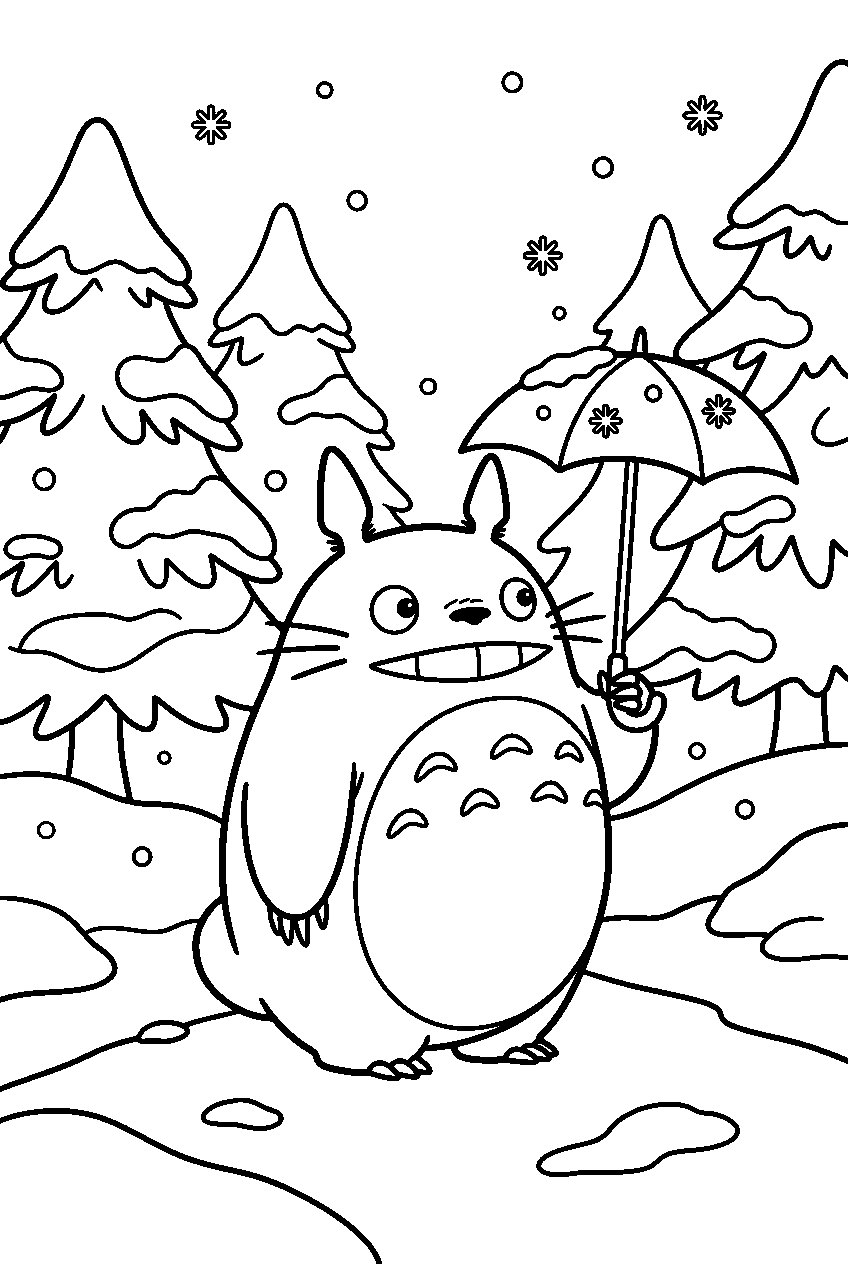 totoro looking around in snowy forest line art