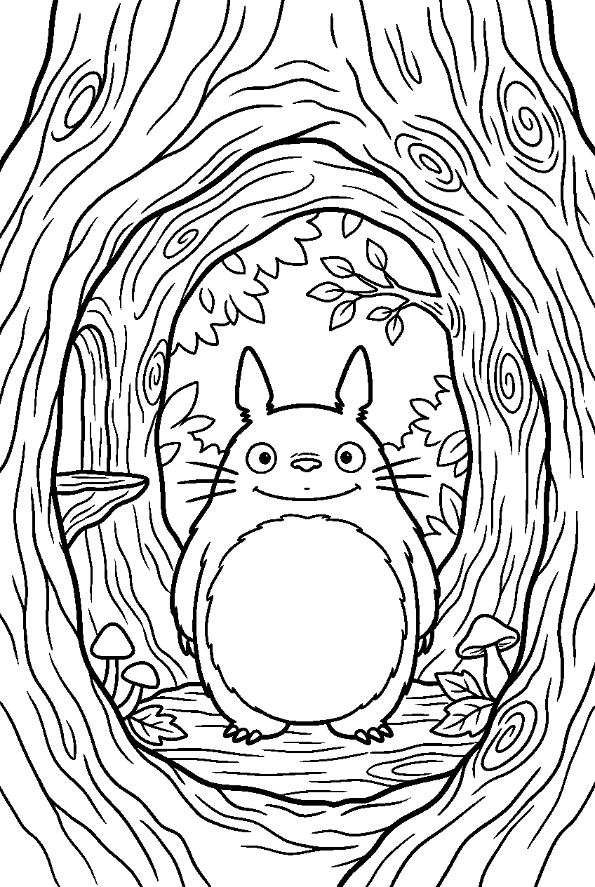 totoro looking around inside hollow tree line art
