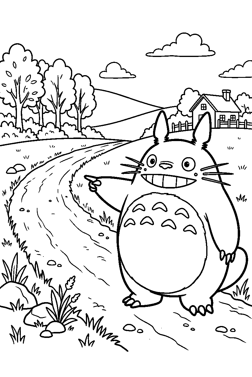 totoro pointing on country road line art