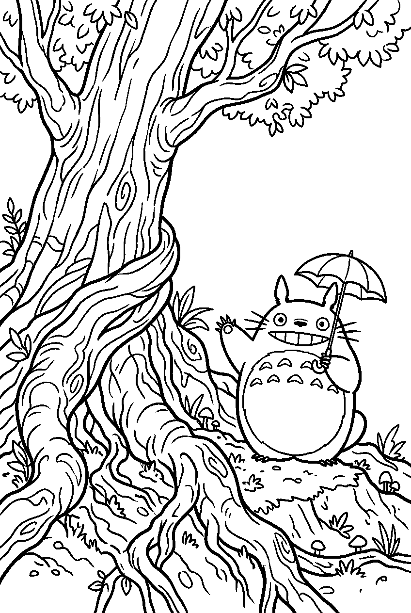 totoro posing beside giant tree roots line art