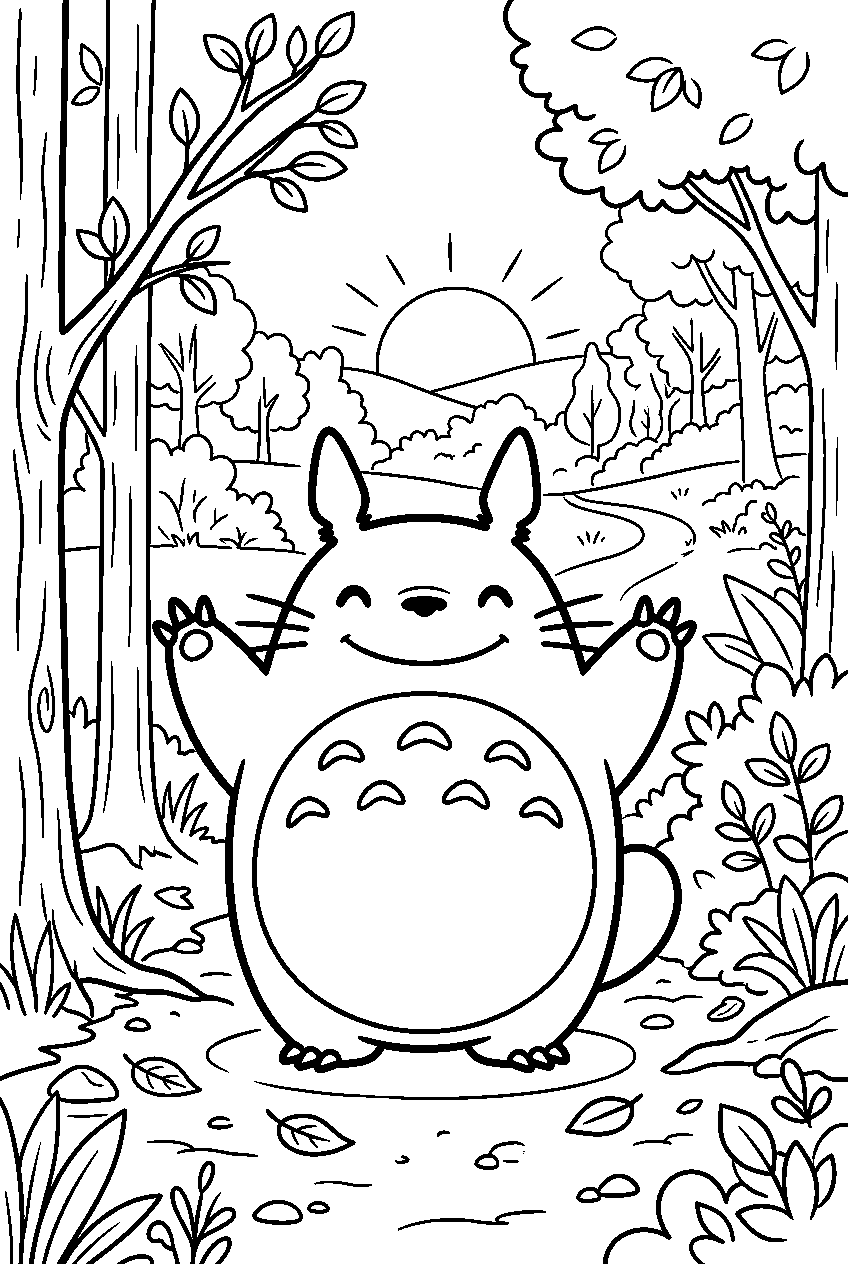 totoro posing in forest at dawn line art