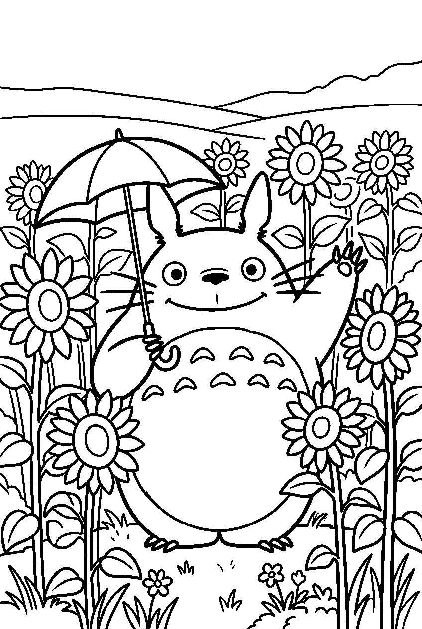 totoro posing in sunflower field line art