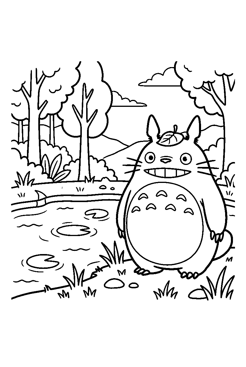 totoro posing near forest pond line art