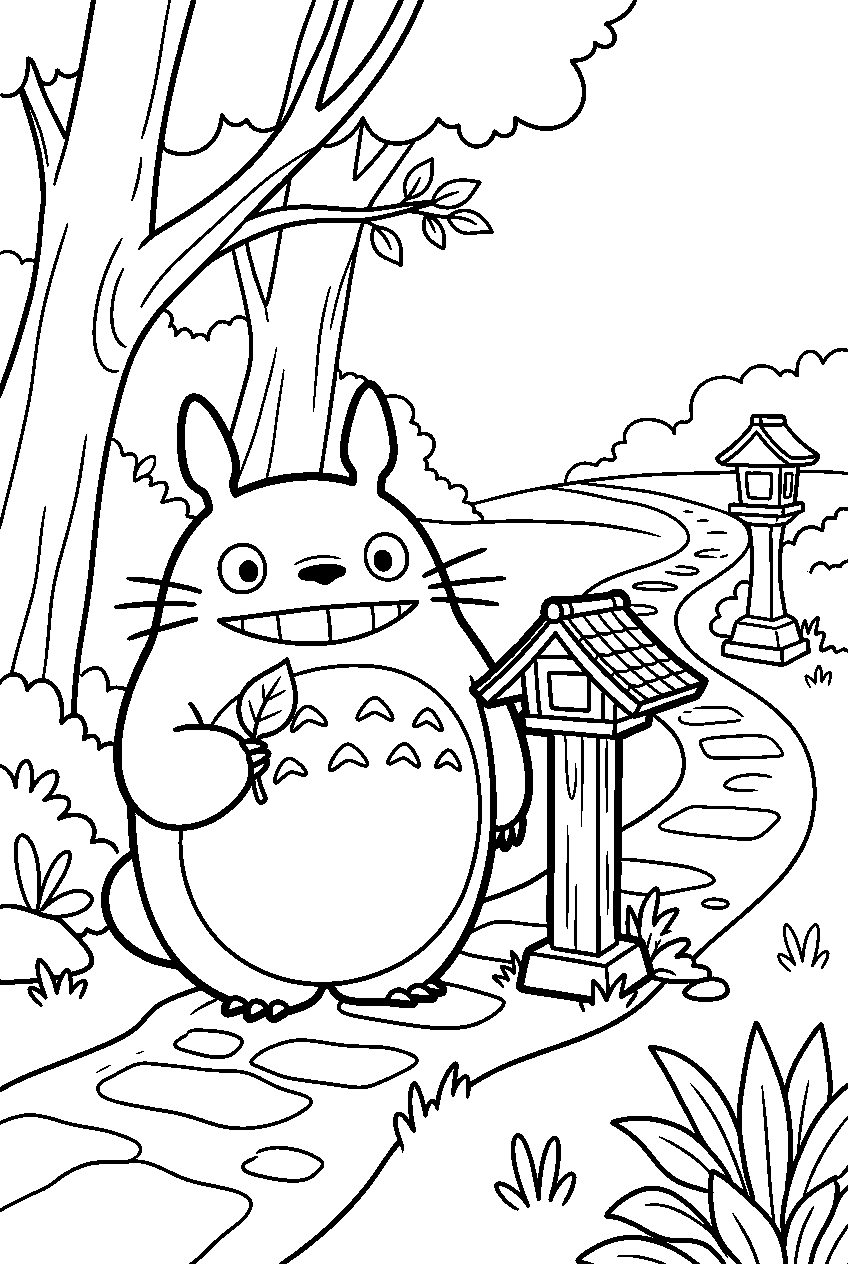 totoro posing near lantern path line art