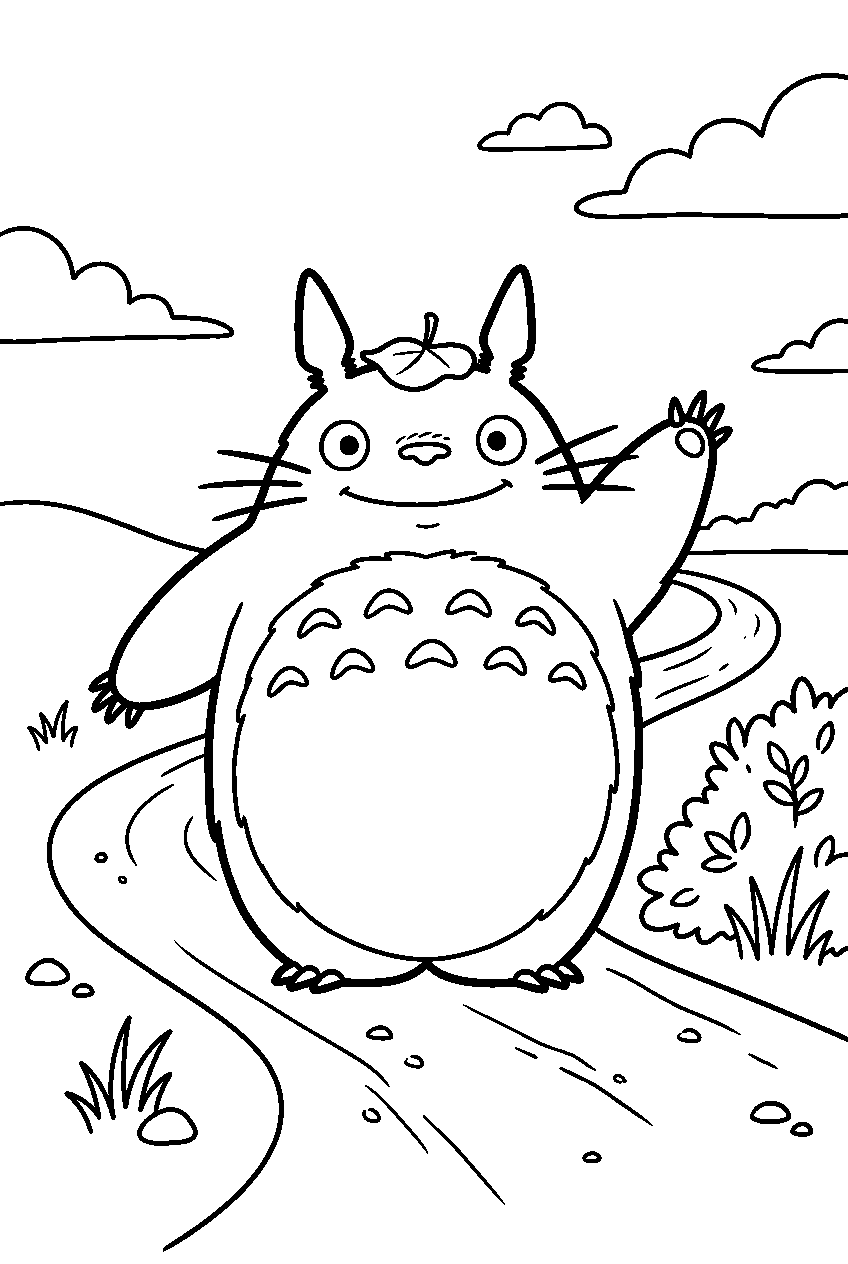 totoro posing on country road line art