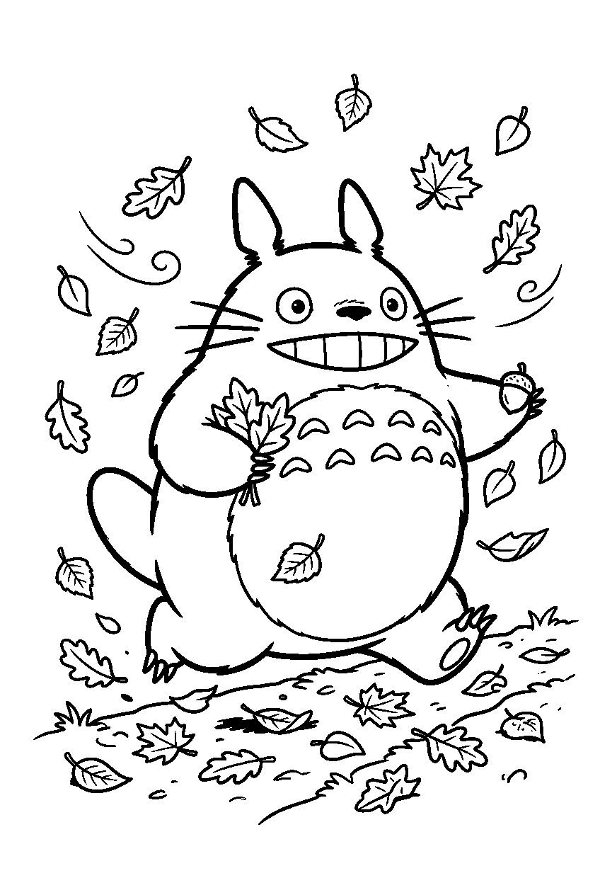 totoro running among autumn leaves line art
