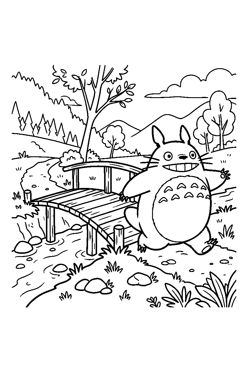 totoro running near wooden bridge line art