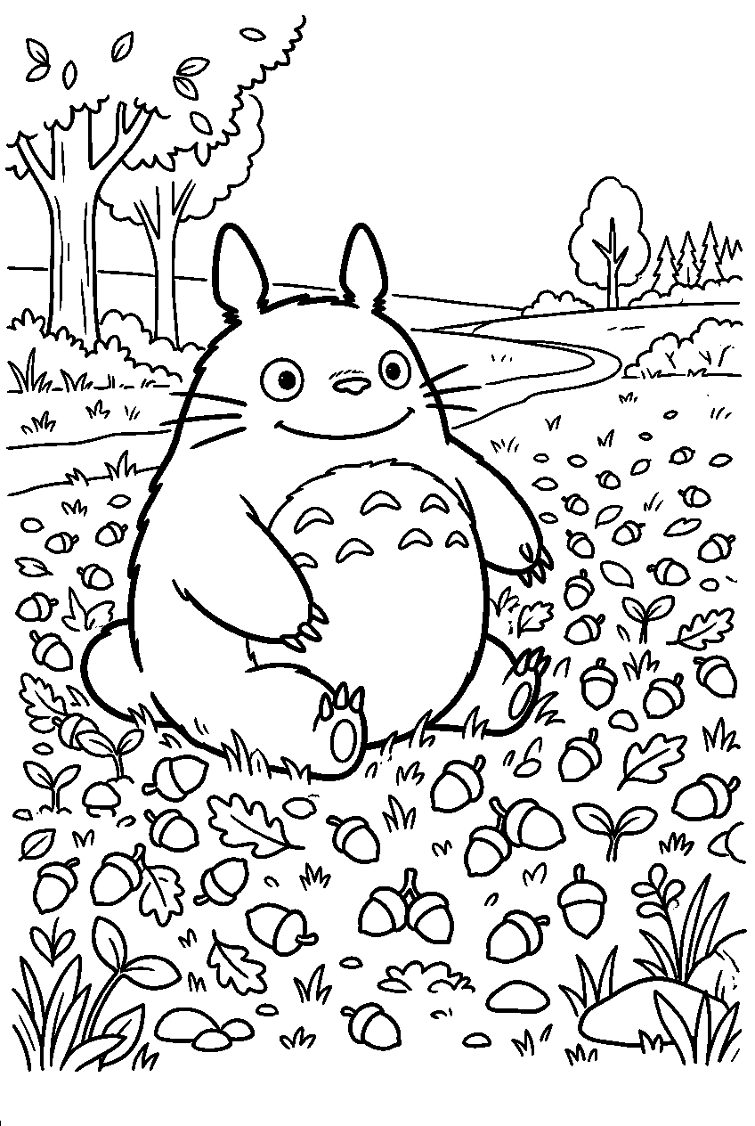 totoro sitting among acorn field line art