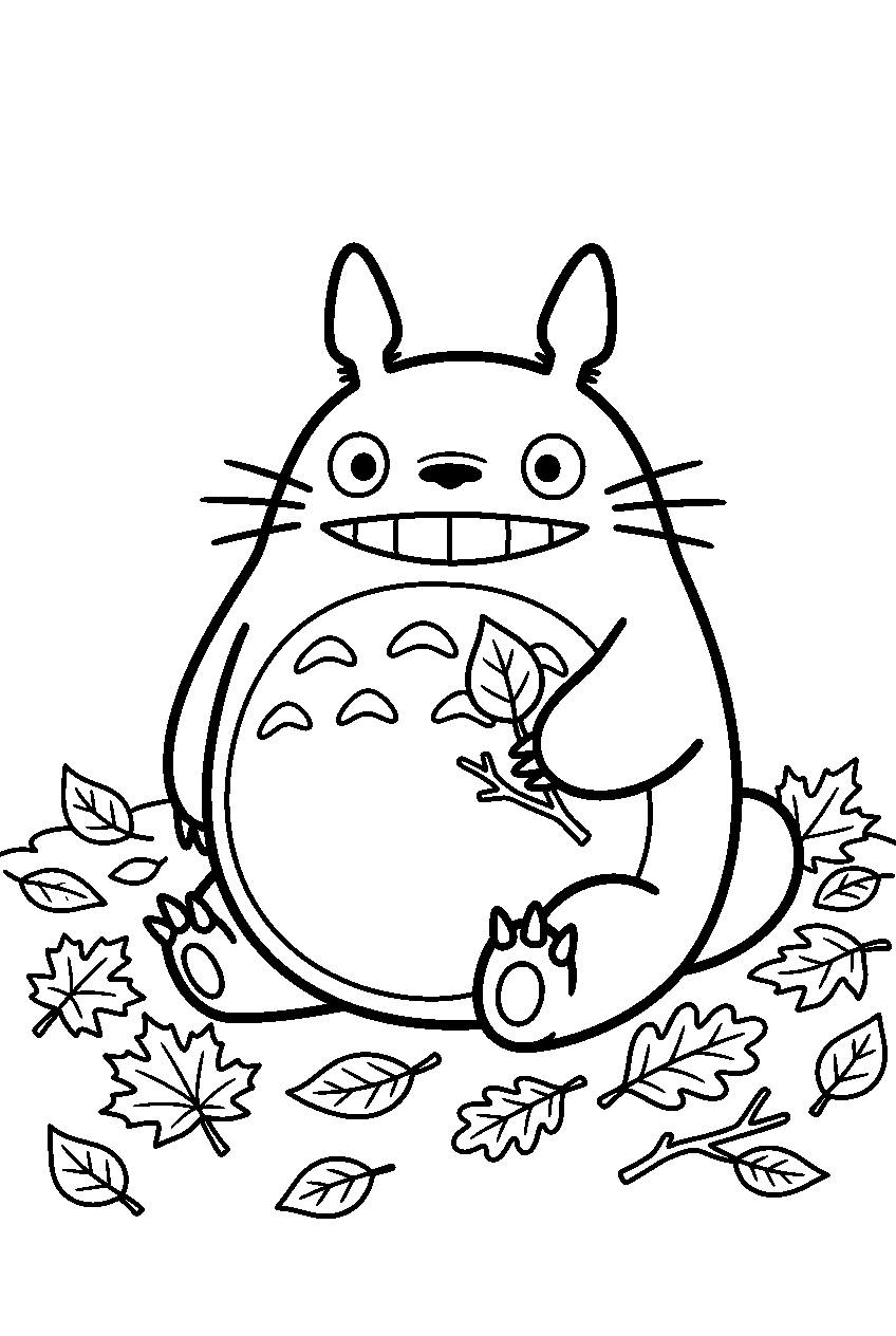 totoro sitting among autumn leaves line art