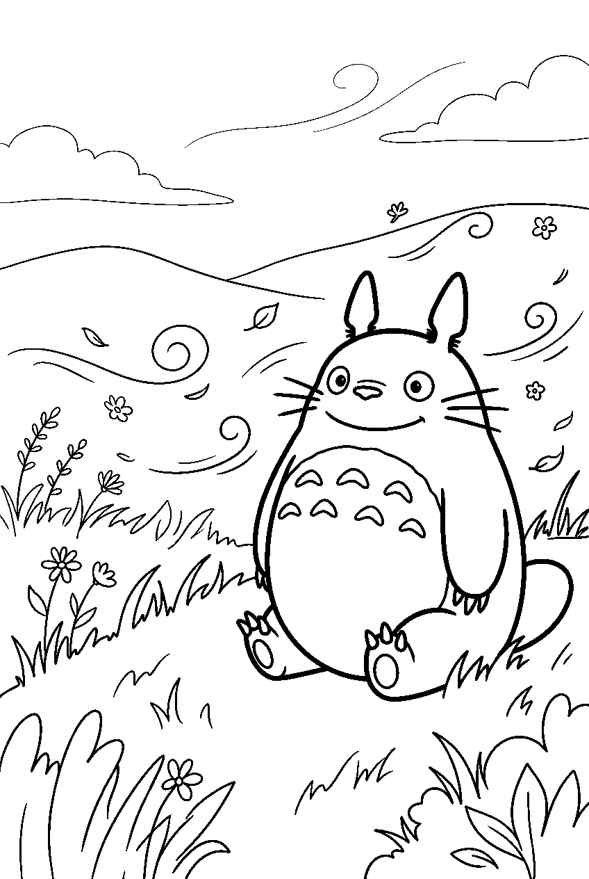 totoro sitting in windy field line art