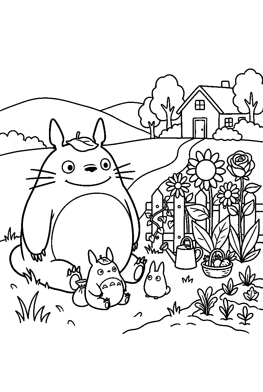 totoro sitting near country garden line art
