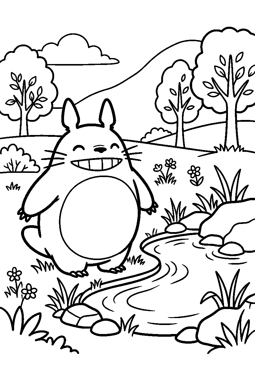 totoro smiling near small pond line art
