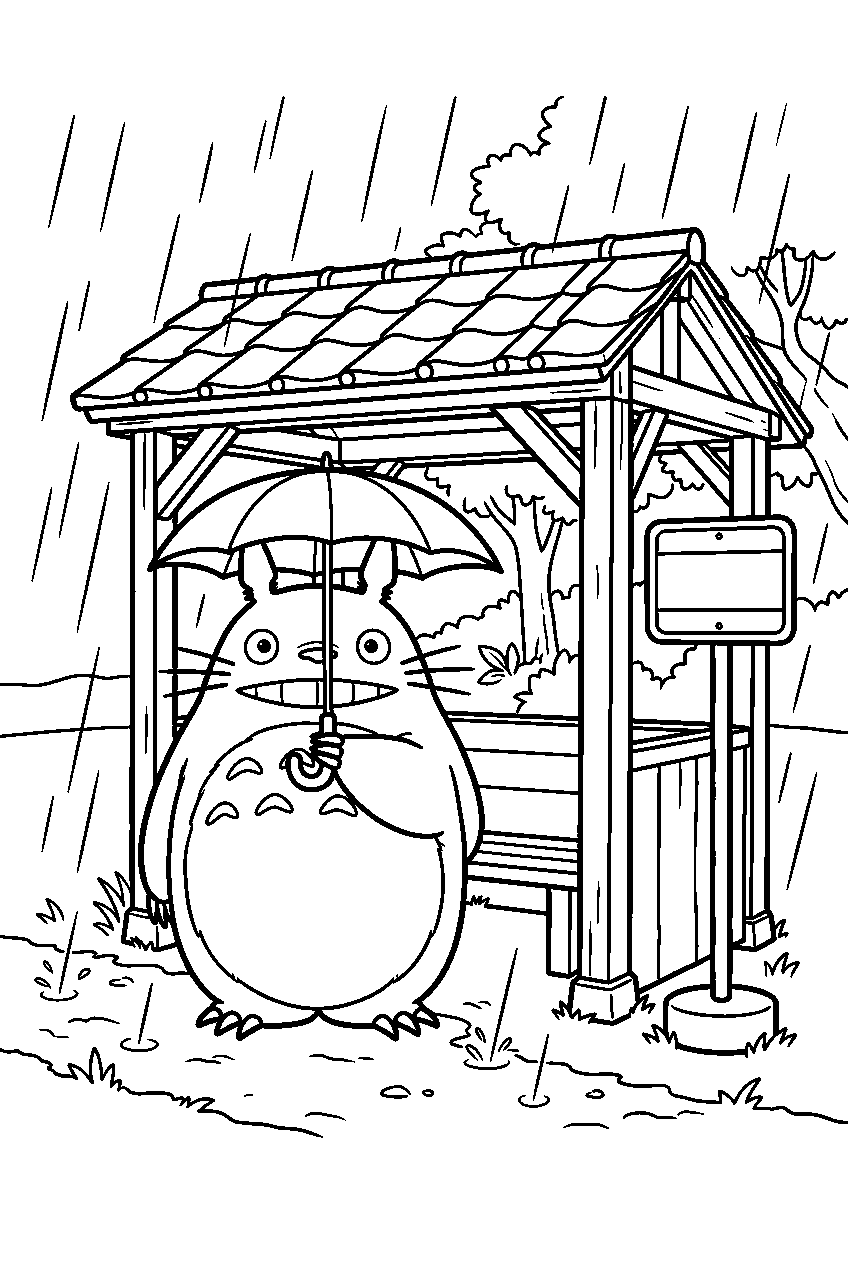 totoro standing at bus stop in rain line art
