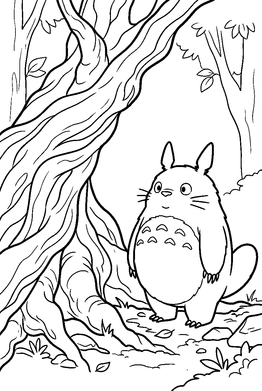 totoro standing beside giant tree roots line art