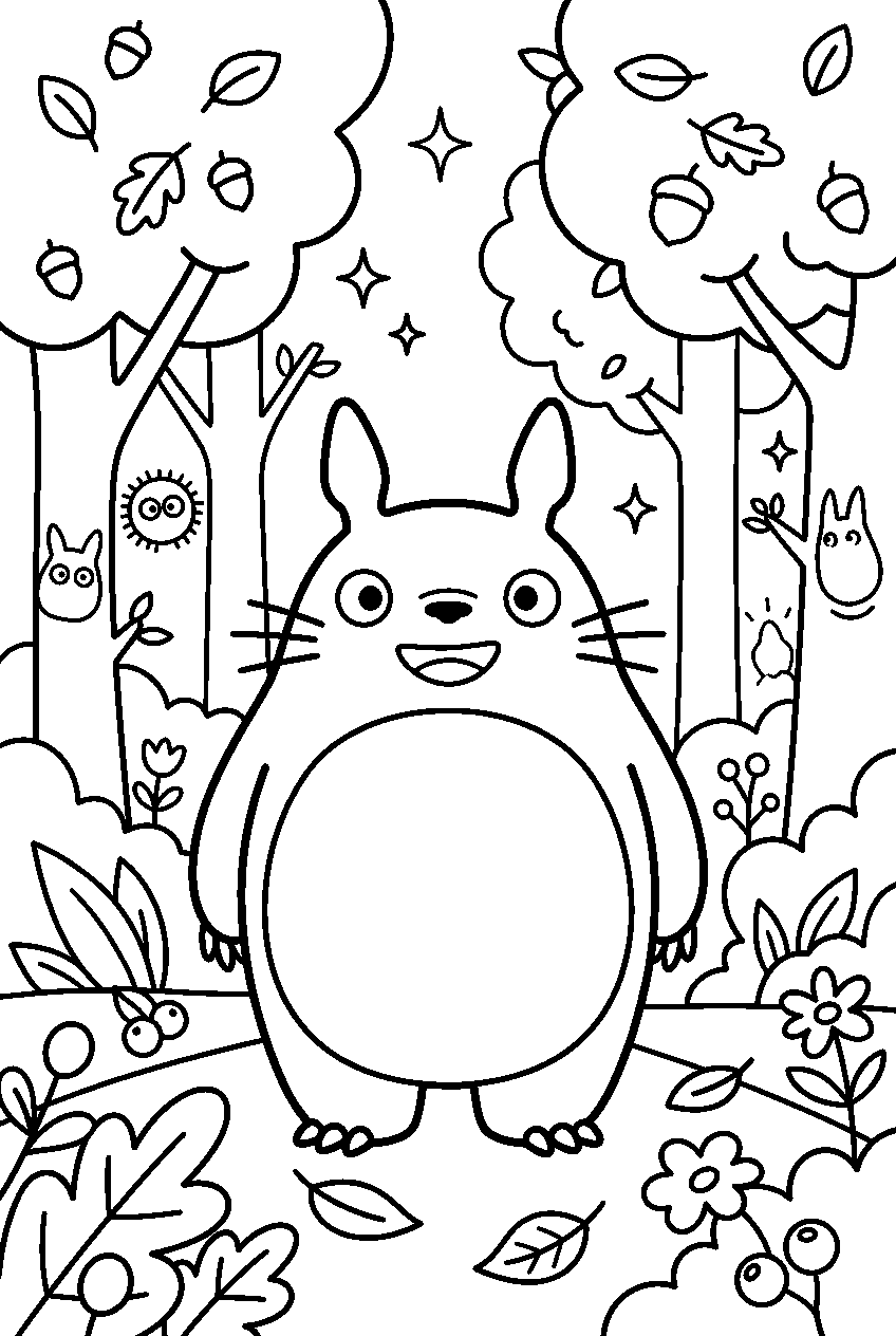 totoro standing in magical forest line art