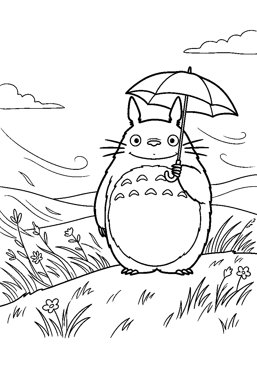 totoro standing in windy field line art