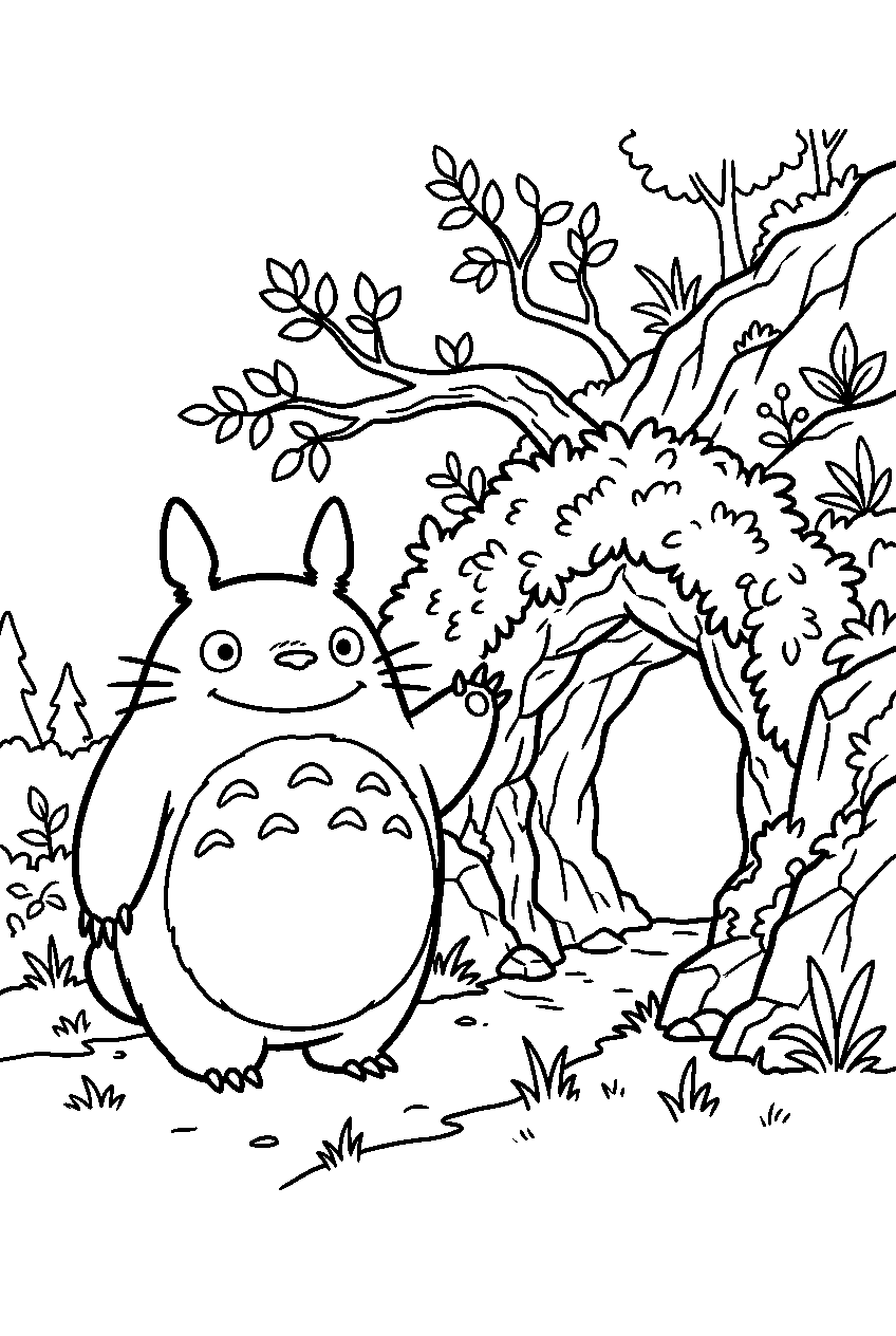 totoro standing near hidden cave line art