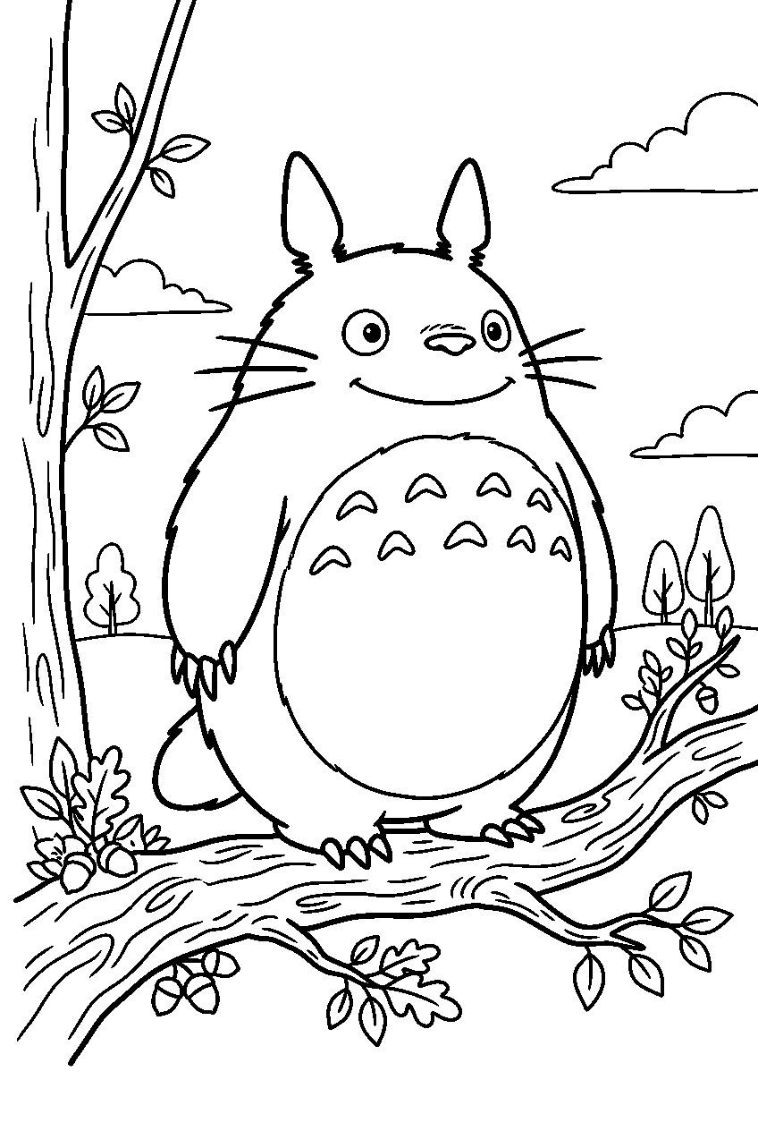 totoro standing on tree branch line art