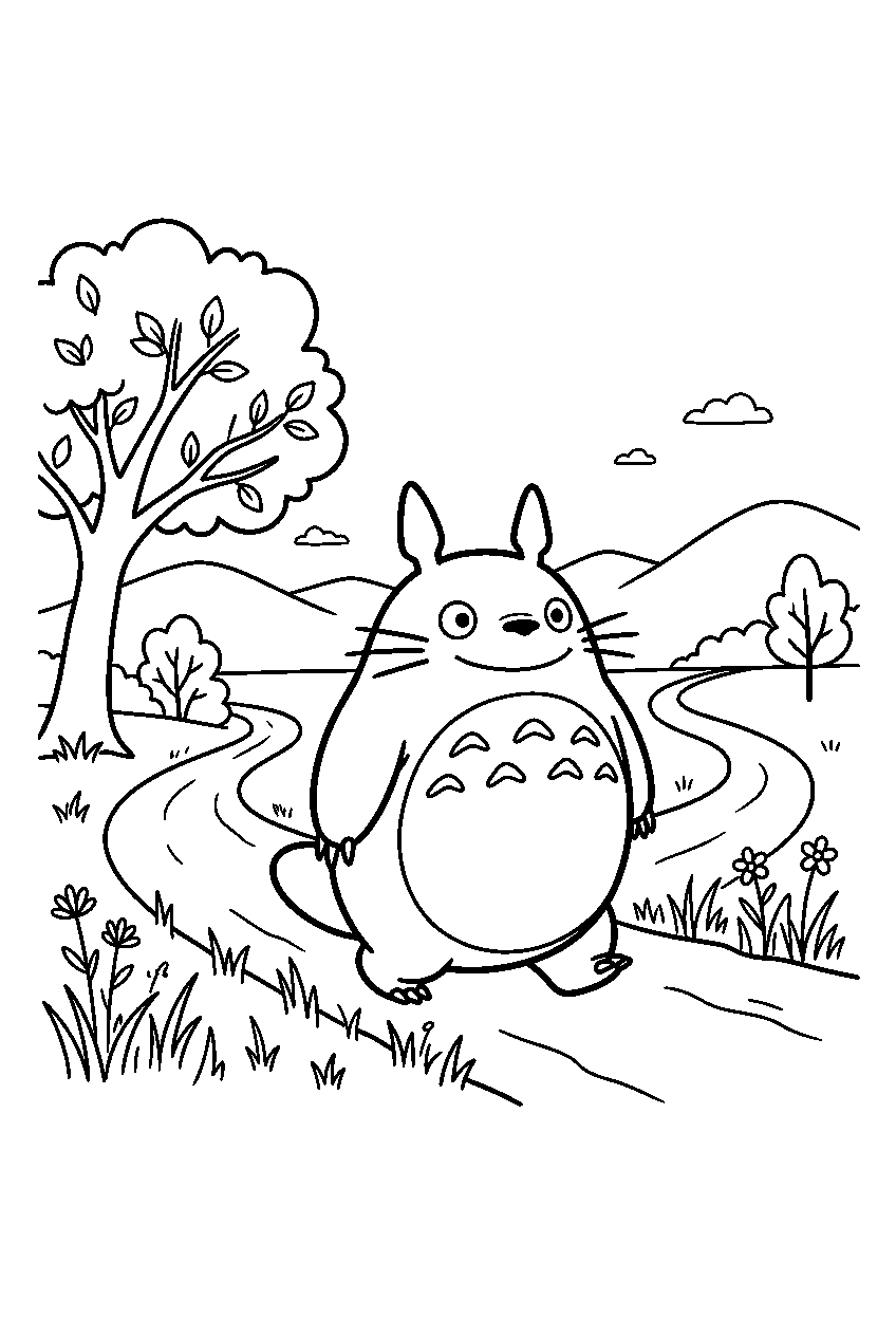 totoro walking on country road line art