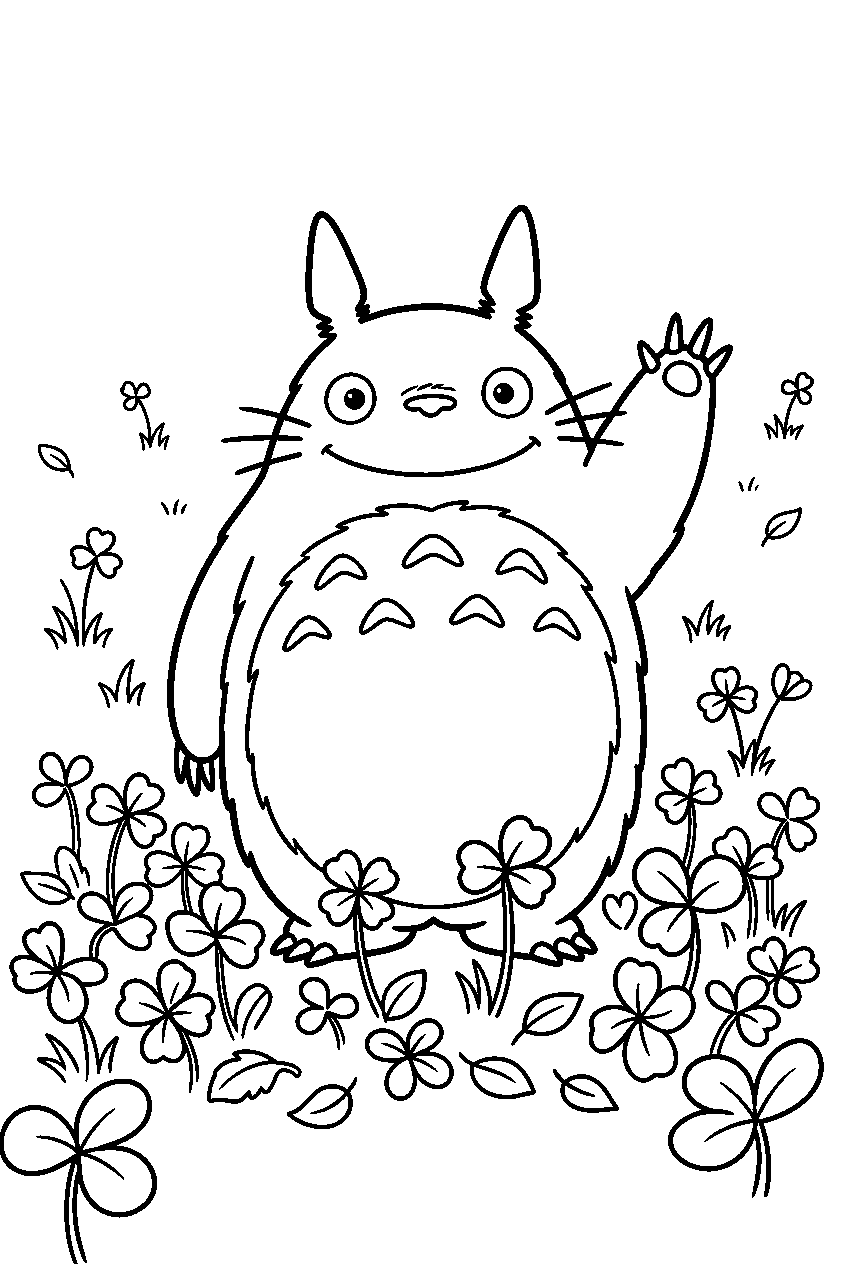 totoro waving in clover field line art