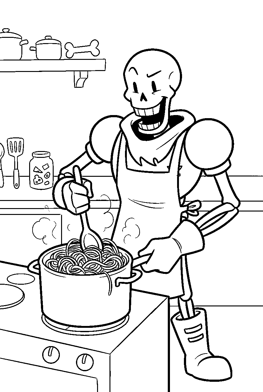 undertale papyrus cooking spaghetti in his kitchen line art