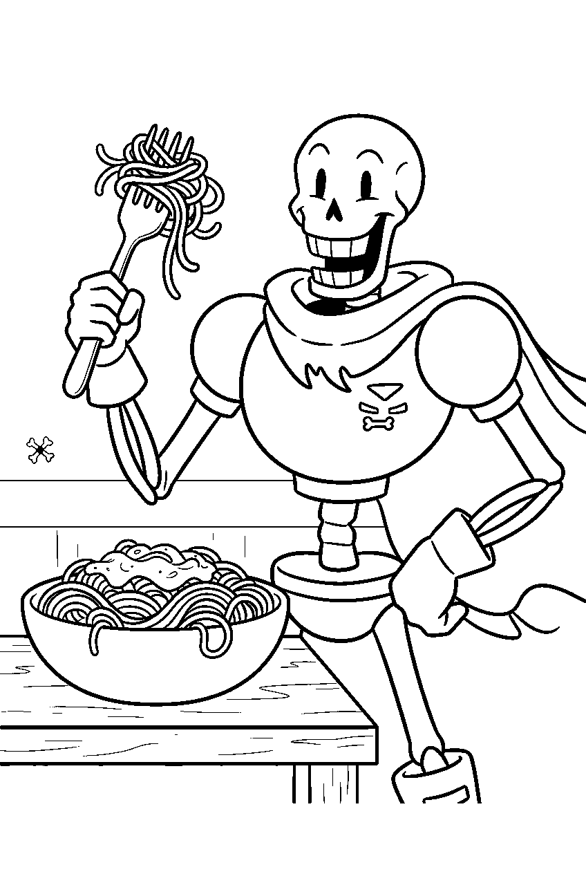undertale papyrus holding a fork beside spaghetti line art