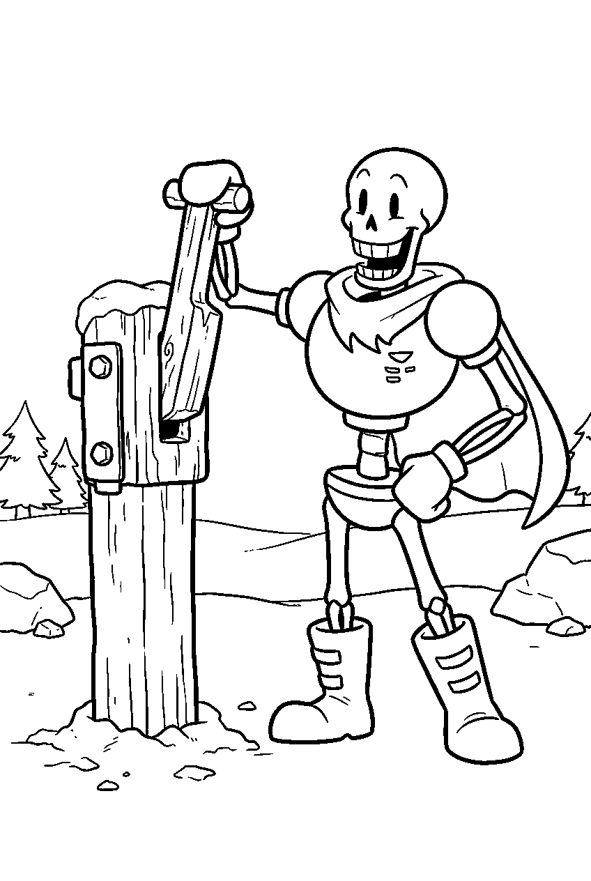 undertale papyrus pulling a puzzle lever in snowdin line art