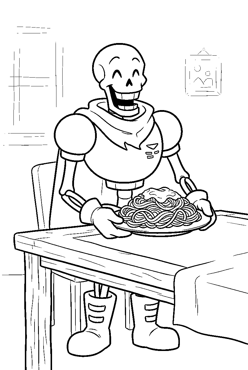 undertale papyrus serving spaghetti at a table line art