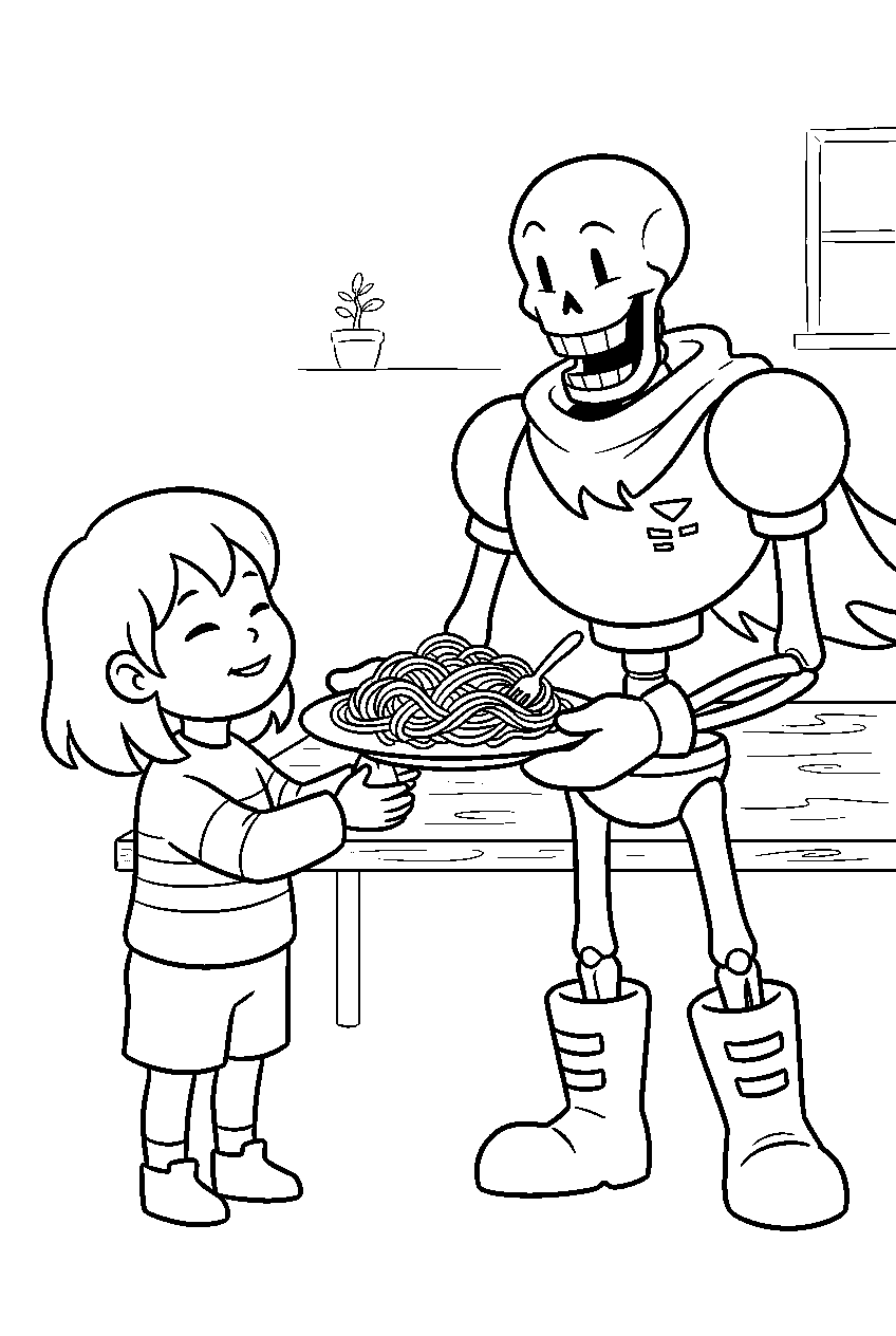 undertale papyrus serving spaghetti to frisk line art