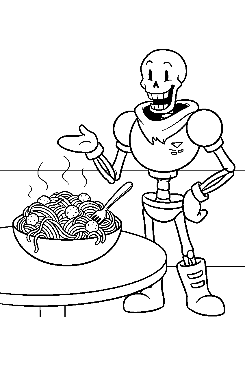 undertale papyrus smiling beside a bowl of spaghetti line art