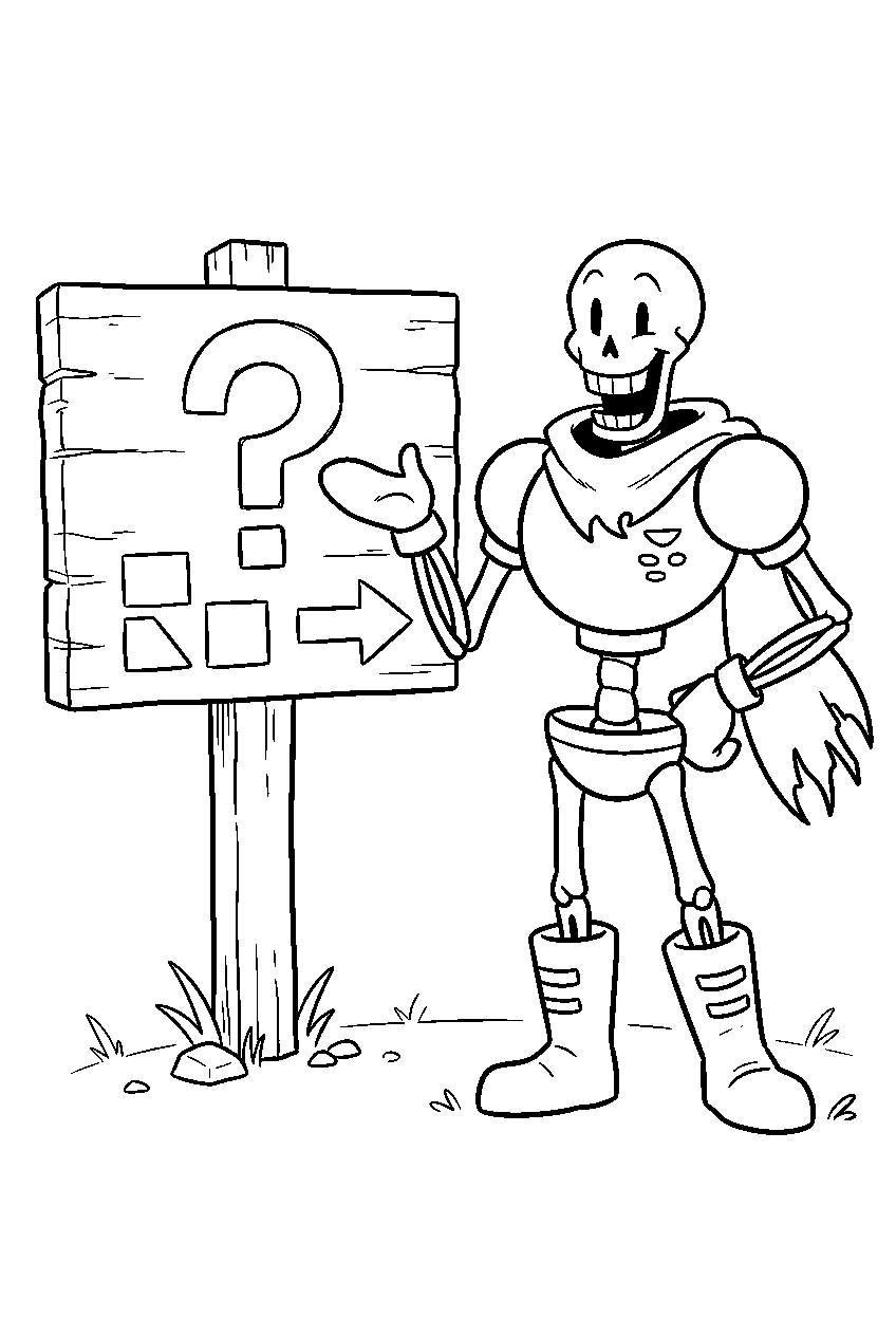 undertale papyrus smiling beside a puzzle sign line art
