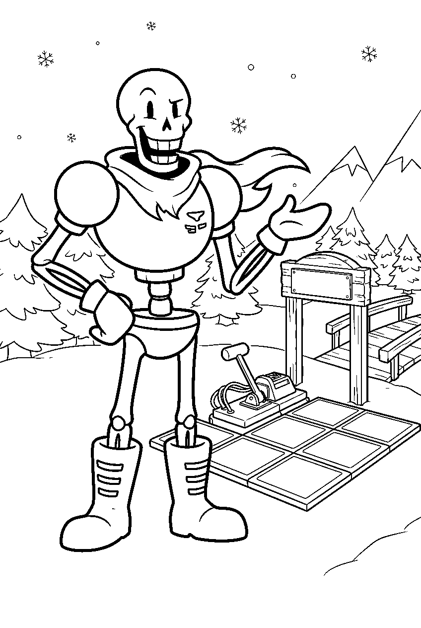 undertale papyrus standing beside a snowdin puzzle line art