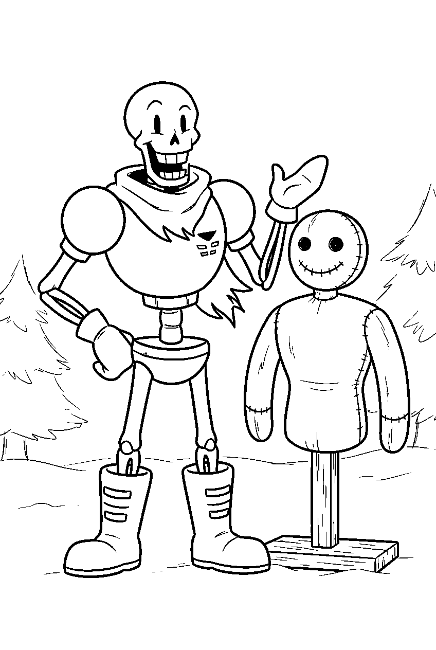 undertale papyrus standing beside a training dummy line art
