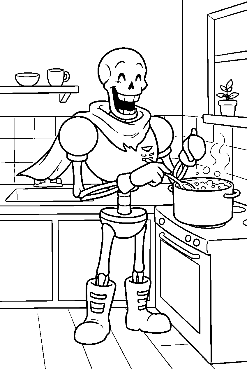 undertale papyrus stirring a pot in his kitchen line art