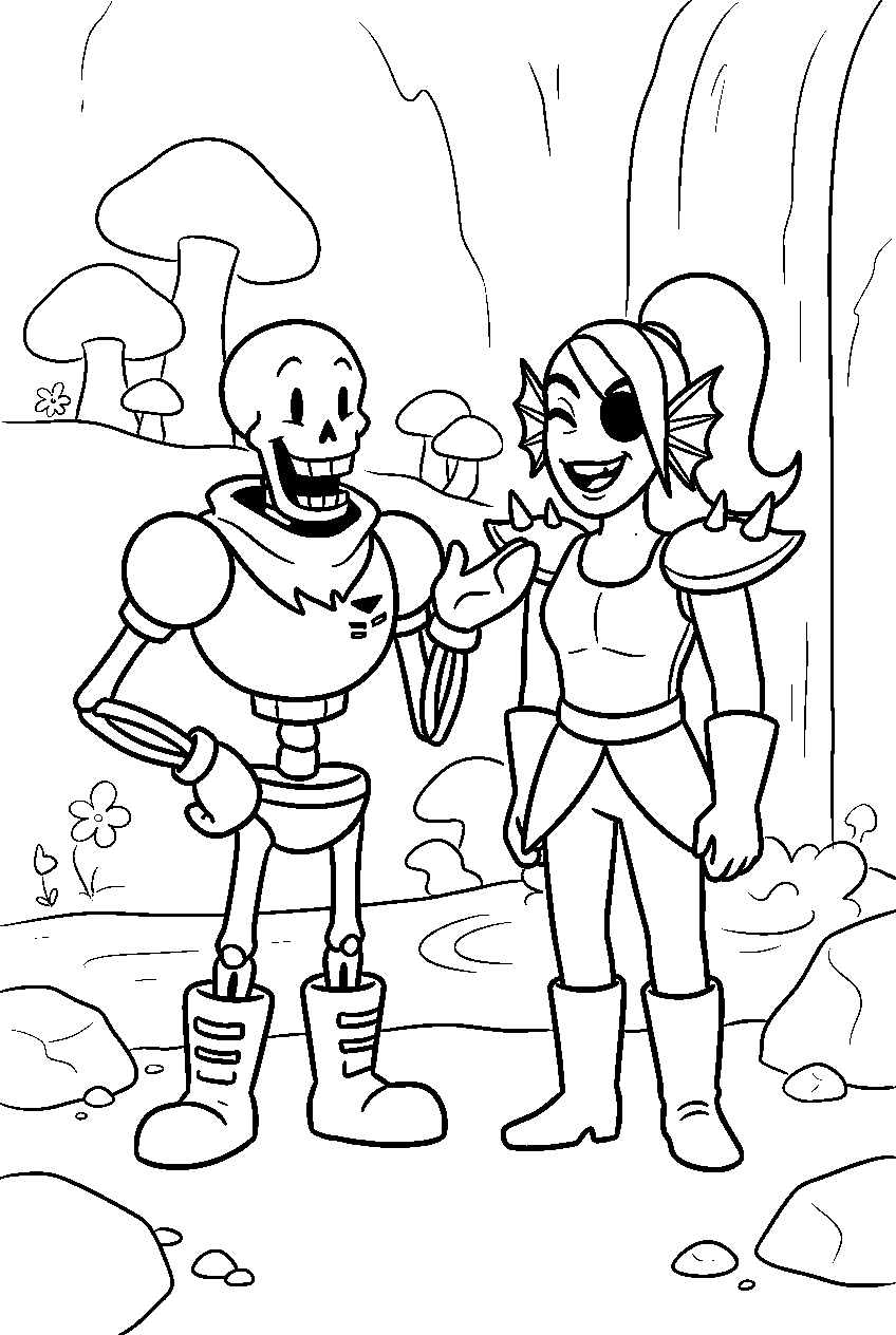 undertale papyrus talking with undyne in waterfall line art